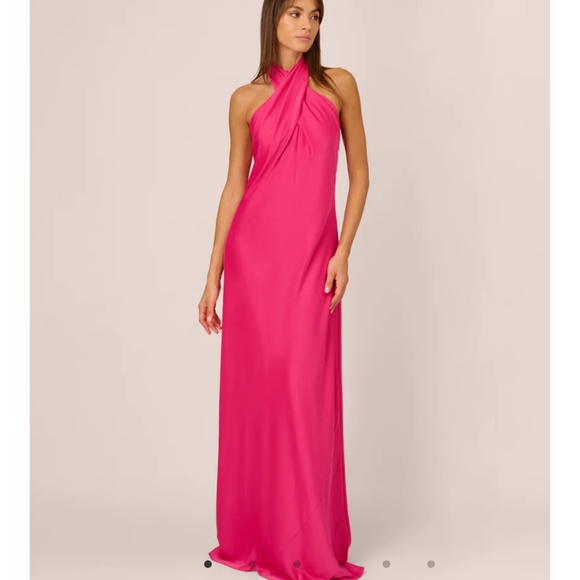 ADRIANNA PAPELL  STRETCH SATIN MERMAID GOWN WITH HALTER NECKLINE IN HOT PINK - Picture 1 of 2
